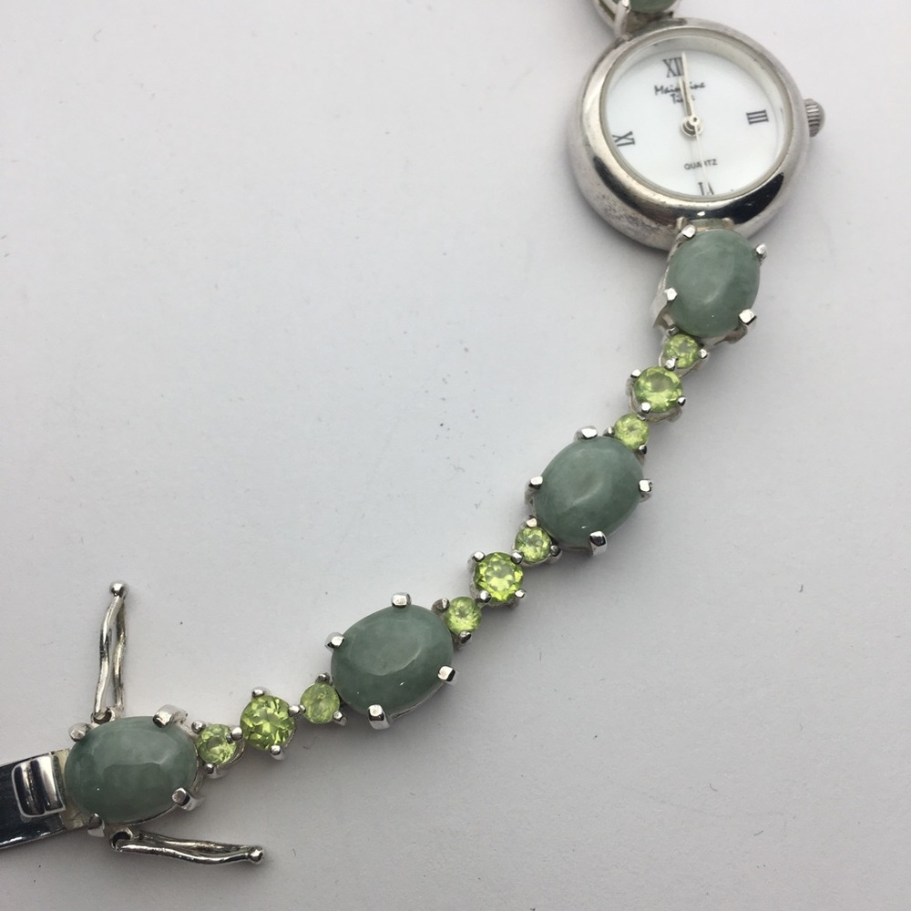 Peridot and jade sterling silver watch